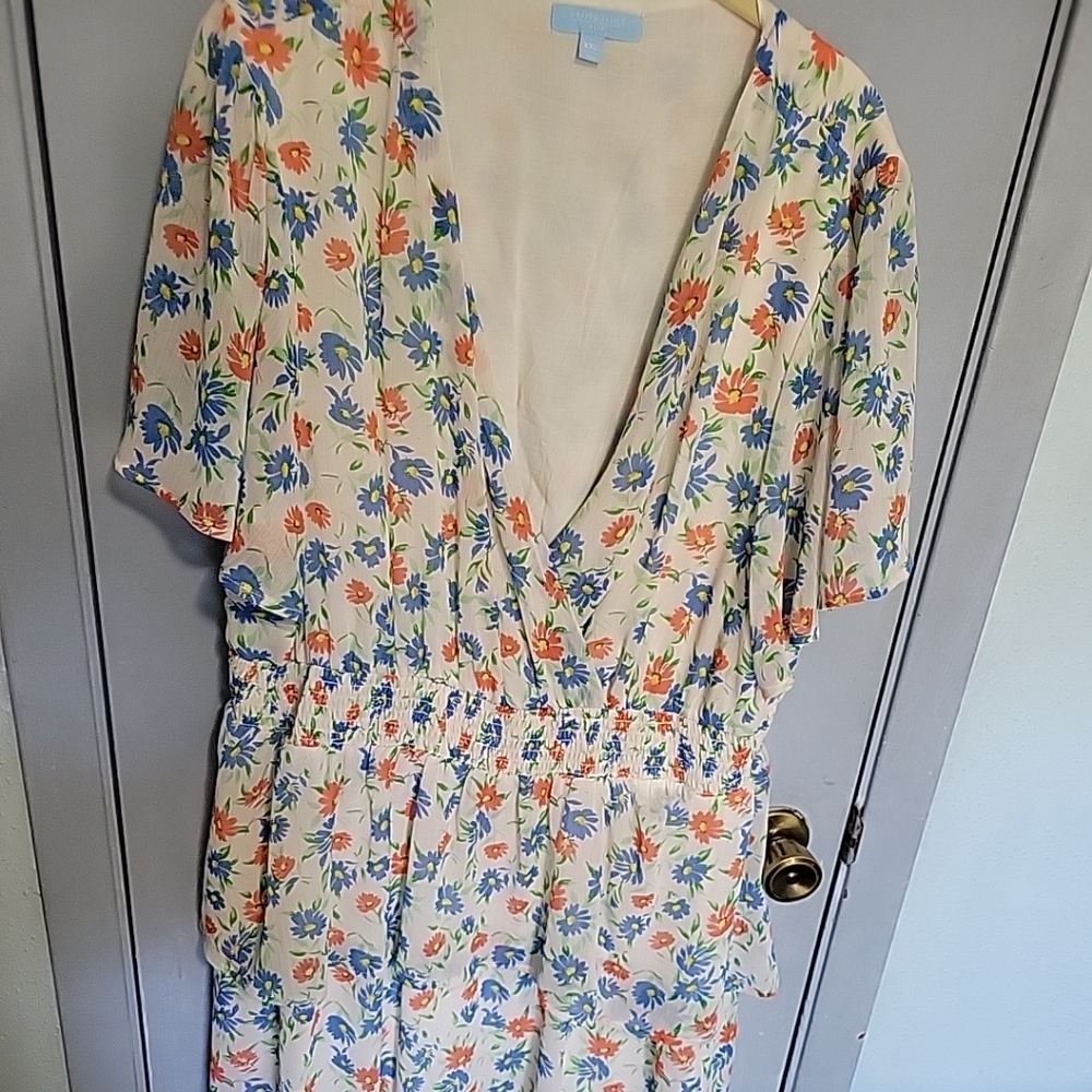 Draper James Cream Midi Dress with Blue and Orange Floral Print
